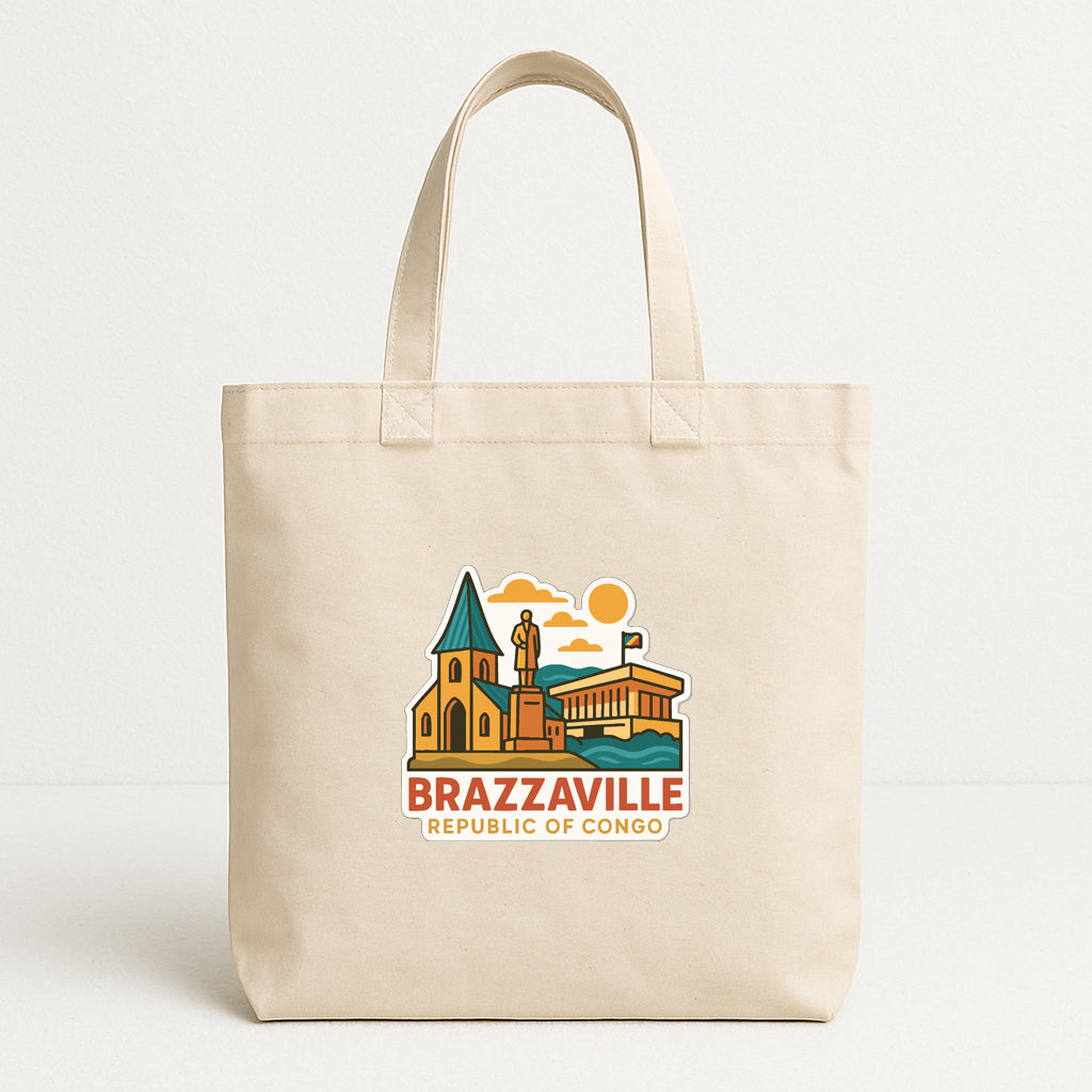 A beige tote bag with a printed design depicting the town of Brazzaville, the Republic of Congo.