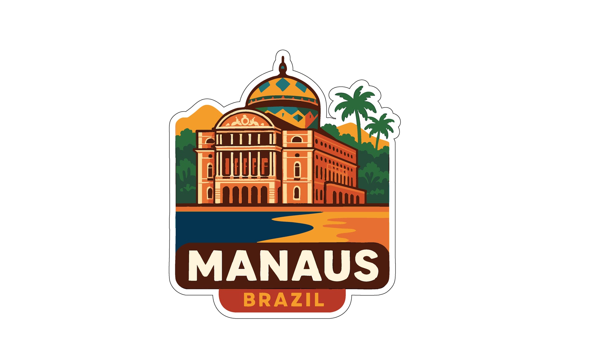 a sticker or emblem with a stylized illustration of a building, palm trees, and a body of water, representing the city of Manaus, Brazil.