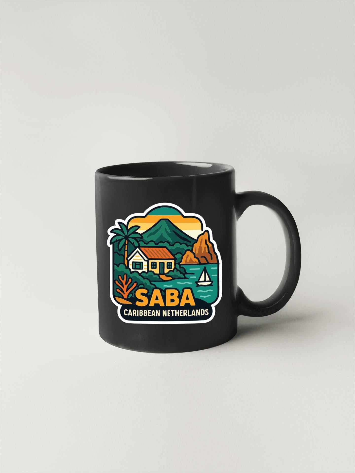 A black coffee mug with a colorful illustration depicting a tropical island scene, including a house, palm trees, and a boat.