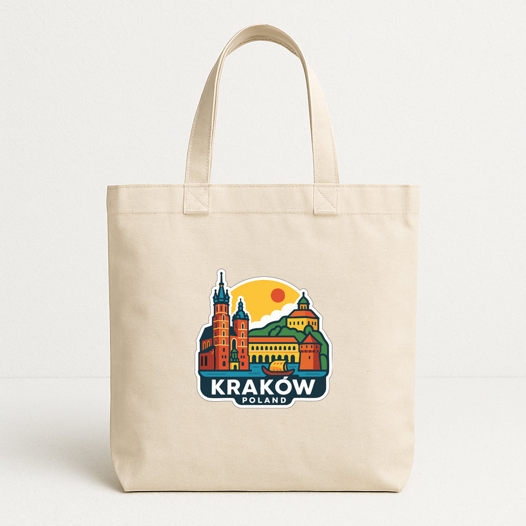 A beige tote bag with a colorful graphic of the Krakow, Poland skyline and the text "Krakow Poland" printed on it.