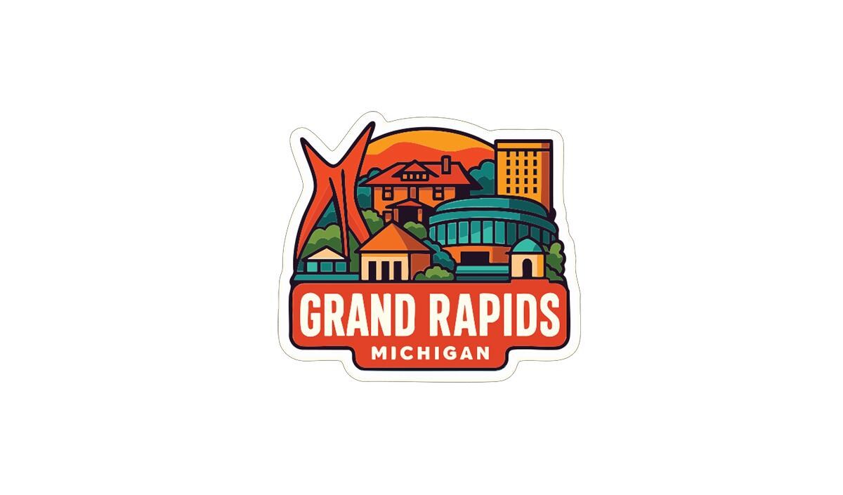 A colorful sticker depicting the Grand Rapids, Michigan skyline with various buildings and landmarks.