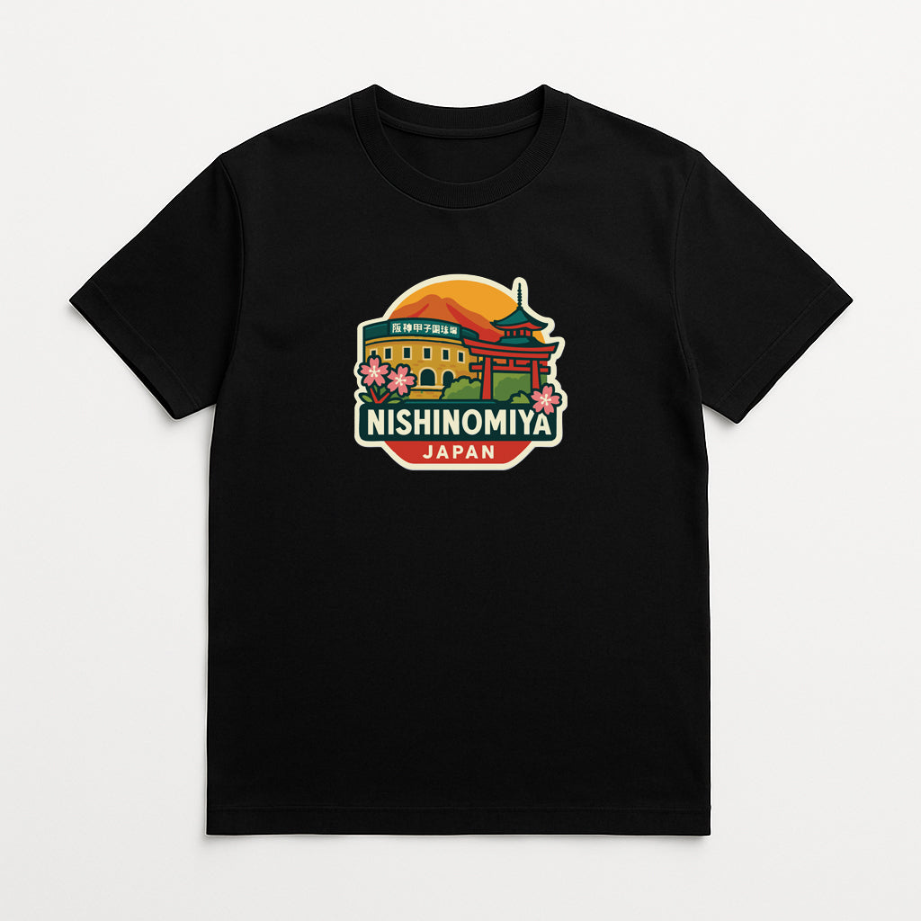 A black t-shirt with a colorful graphic design depicting a temple and the text "NISHINOMIYA JAPAN" printed on it.