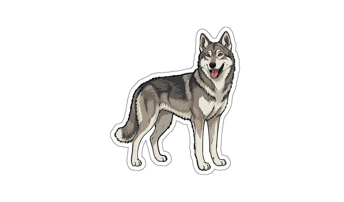 A cartoon illustration of a gray wolf standing upright and smiling.