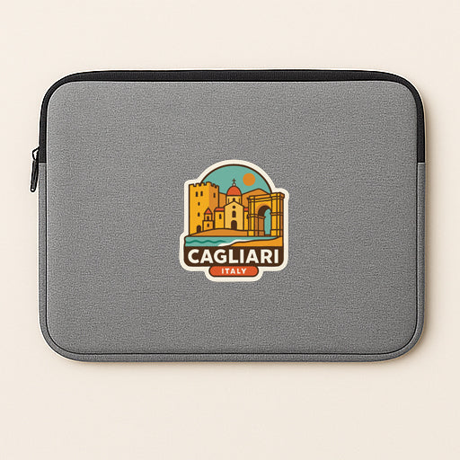 A gray laptop sleeve with a sticker depicting the city of Cagliari, Italy.