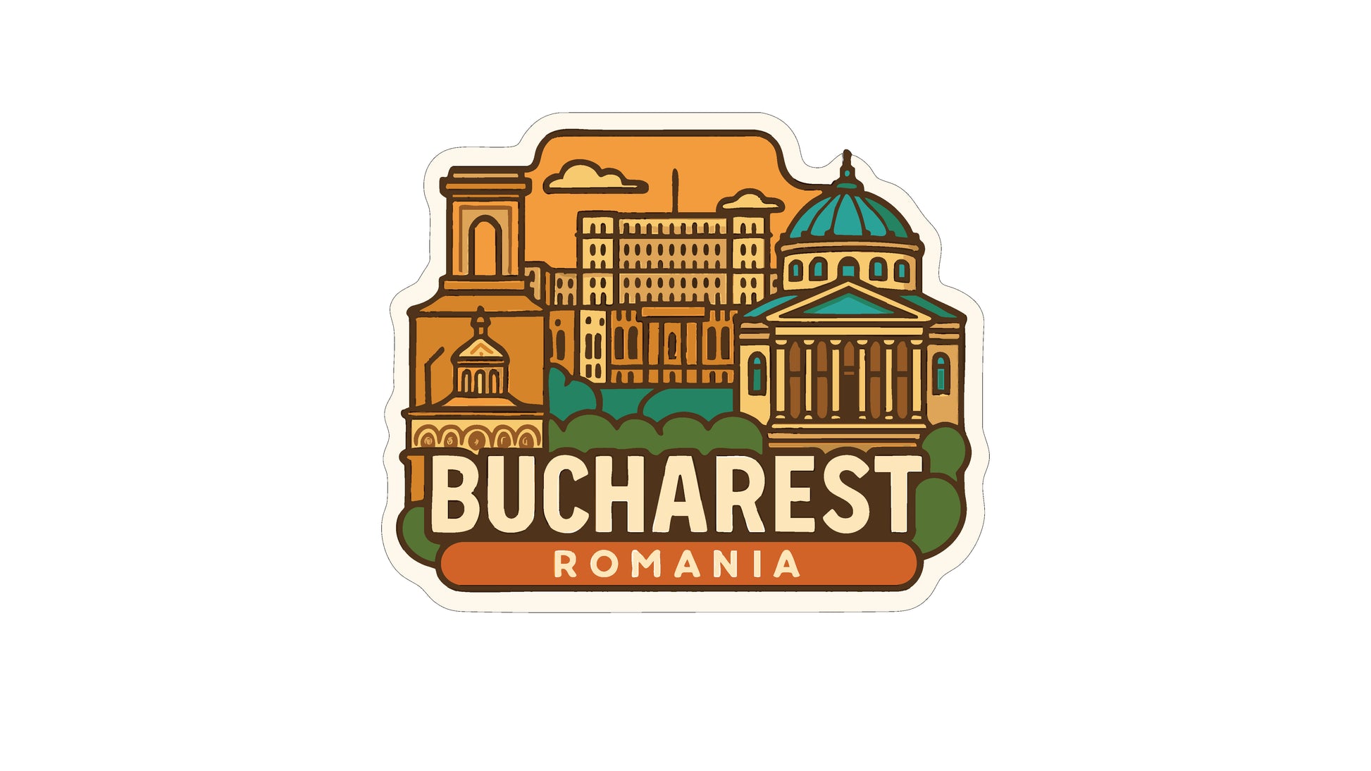 a sticker or emblem with the text " Bucharest Romania" prominently displayed.