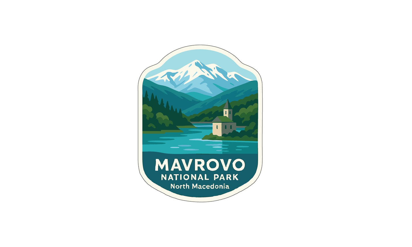 a logo for the Mavrovo National Park in North Macedonia. The logo depicts a scenic landscape with a mountain range, a lake, and a church, all rendered in a stylized and colorful manner.
