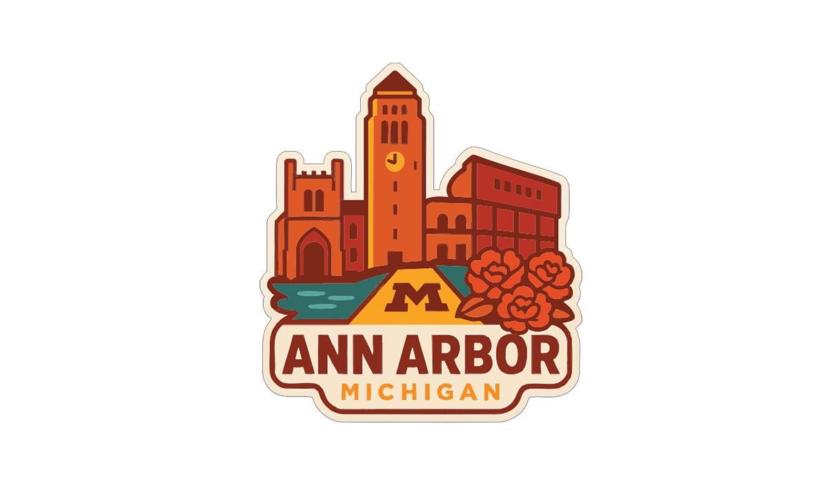 a stylized illustration of Ann Arbor, Michigan, with a castle-like structure and a clock tower in the background.