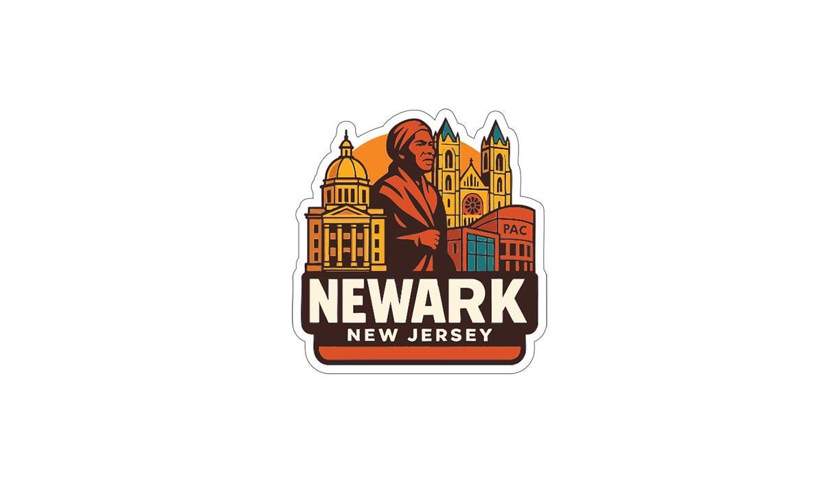 A stylized logo depicting the skyline of New Jersey, with a figure in a red robe standing in front of various buildings.