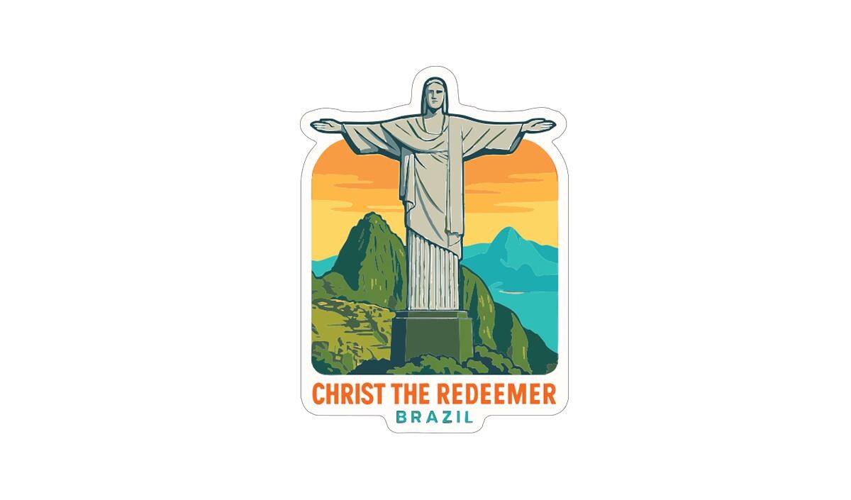 A sticker depicting the Christ the Redeemer statue in Brazil, with mountains and a sunset in the background.