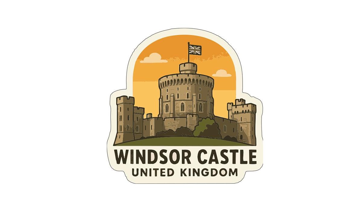 A sticker or emblem featuring the Windsor Castle, a historic castle located in Windsor, England.