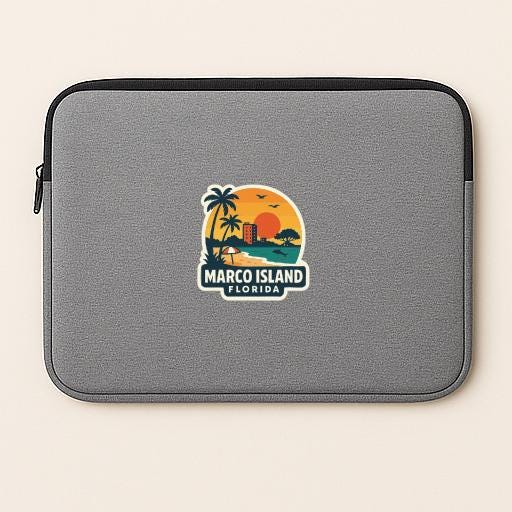 A gray laptop sleeve with a graphic design depicting a tropical beach scene and the text "MARCO ISLAND FLORIDA".
