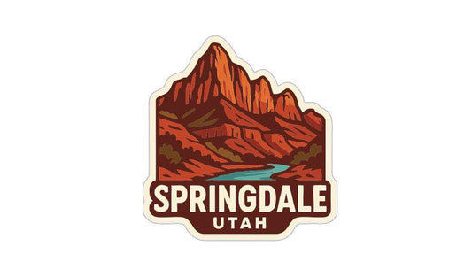A stylized illustration of a mountain range with a river in the foreground, representing the Springdale, Utah region.