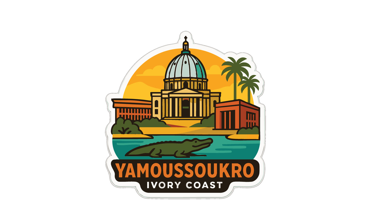 A sticker depicting the Yamoussoukro Ivory Coast, featuring a stylized illustration of the Yamoussoukro Cathedral and surrounding buildings, with a palm tree and a crocodile in the foreground.