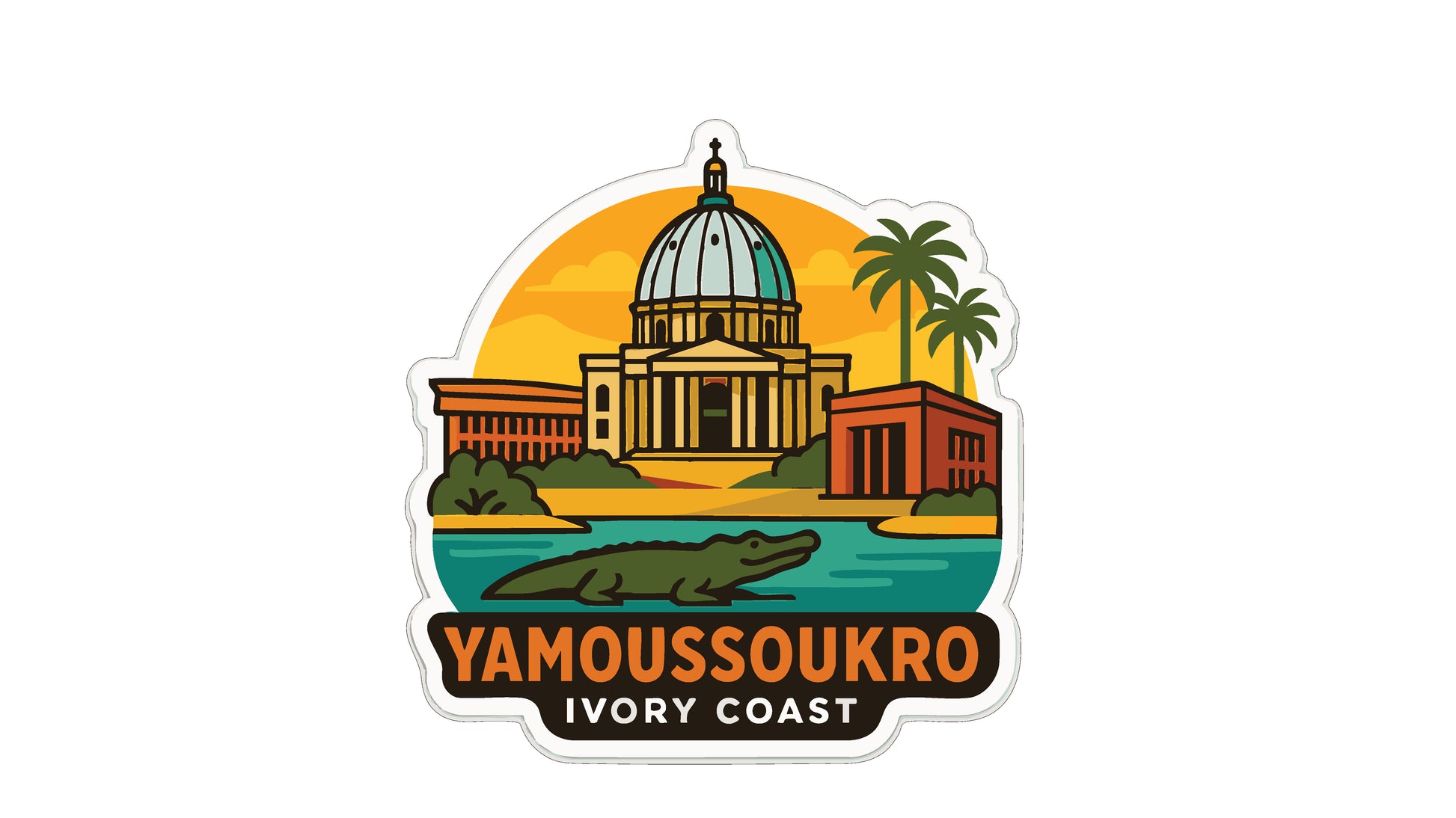 A sticker depicting the Yamoussoukro Ivory Coast, featuring a stylized illustration of the Yamoussoukro Cathedral and surrounding buildings, with a palm tree and a crocodile in the foreground.