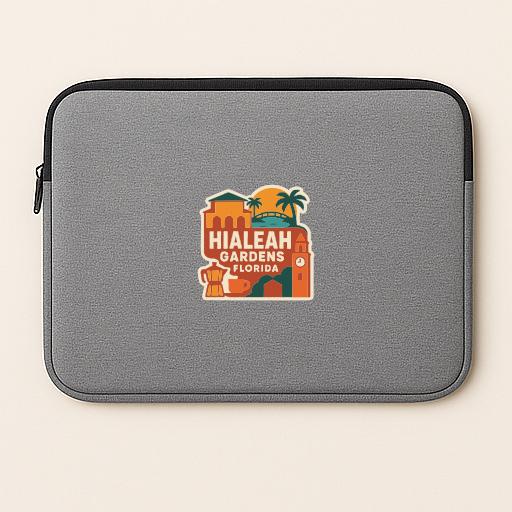 A gray laptop sleeve with a graphic design featuring a building and palm trees, along with the text "Hialeah Gardens, Florida".