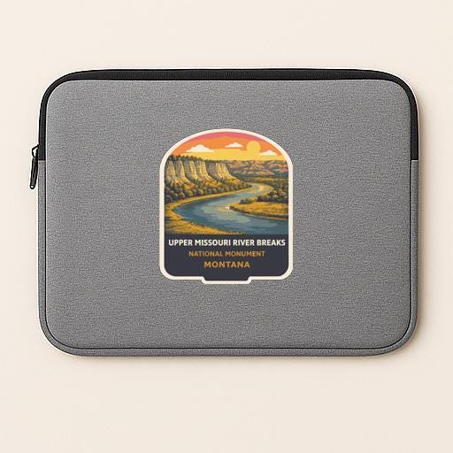 A gray laptop sleeve with a graphic design depicting a scenic view of the Upper Missouri River Breaks National Monument in Montana.