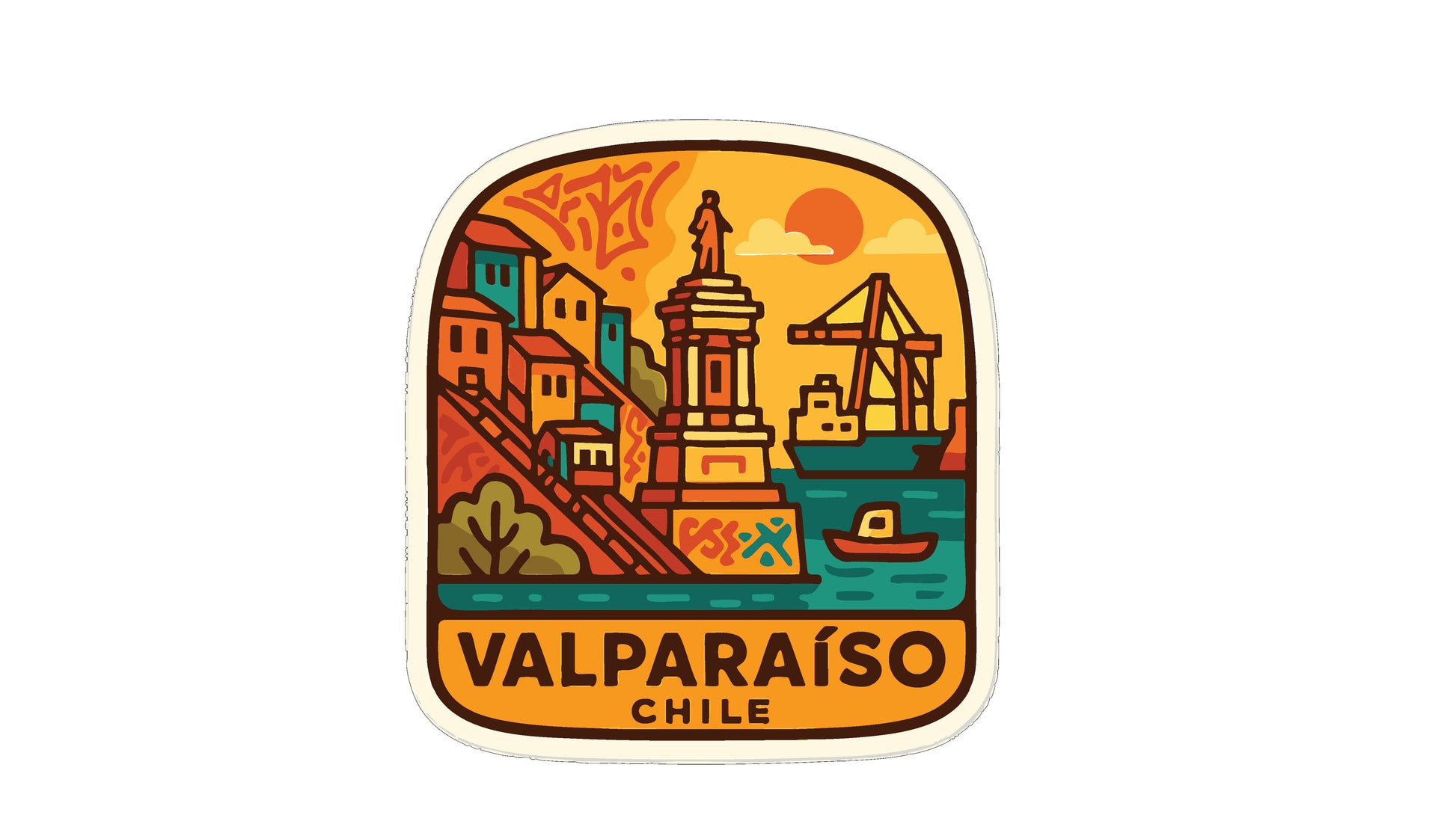 The image is a sticker or label featuring a colorful illustration of a cityscape with a statue, boats, and a crane, along with the text "VALPARAÍSO CHILE".