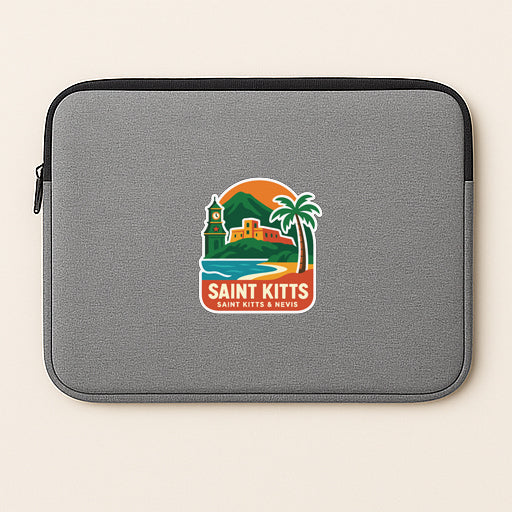 A gray laptop sleeve with a logo of Saint Kitts and Nevis on it.