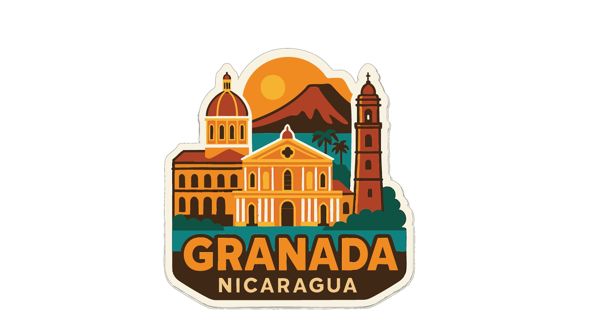 A sticker depicting the city of Granada, Nicaragua, with a prominent dome and bell tower, surrounded by a tropical landscape with a mountain and palm trees.