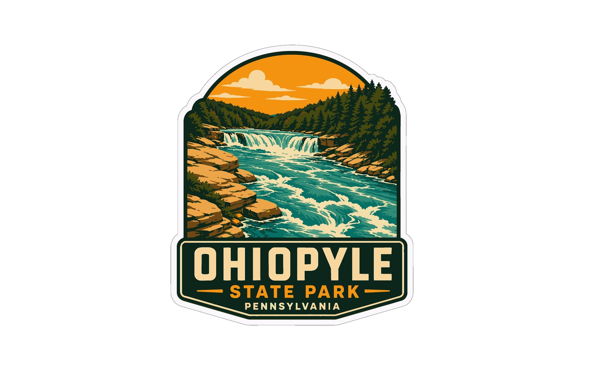 A sticker or emblem featuring a scenic landscape with a waterfall, trees, and a river, with the text "OHIO PENNSYLVANIA" prominently displayed.