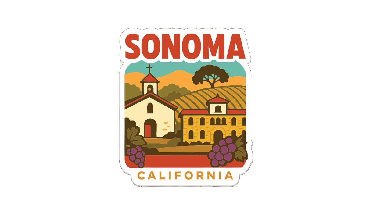 a sticker or illustration of Sonoma County, California, with a church, vineyards, and grapes.