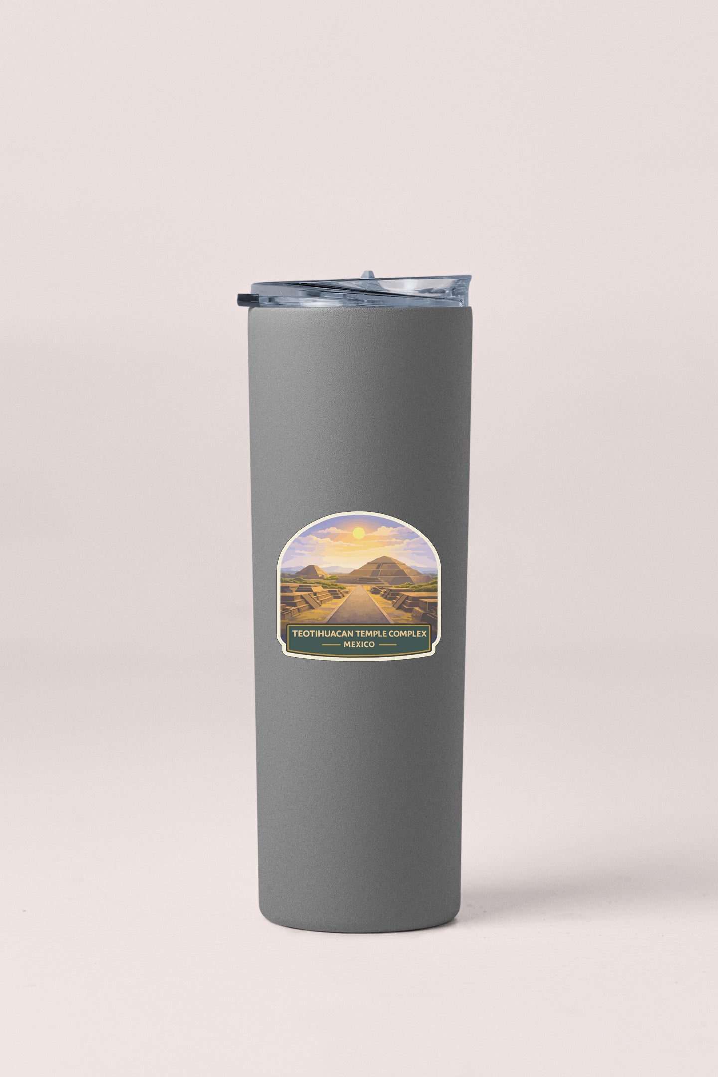 A gray insulated tumbler with a label that reads "Teyedshiklacan Temple Complex - Mexico".