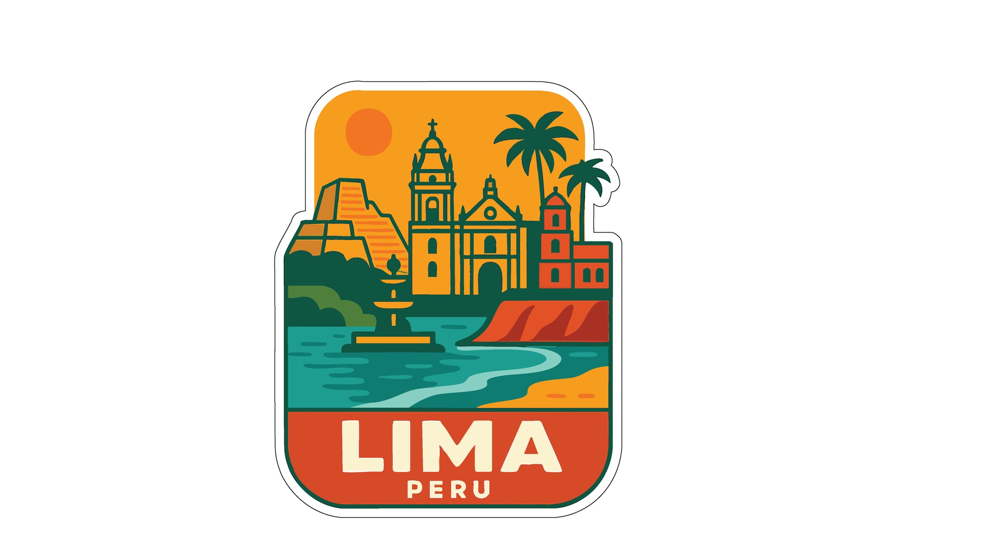 a sticker or label with a colorful illustration of a cityscape, including a church, palm trees, and a body of water.