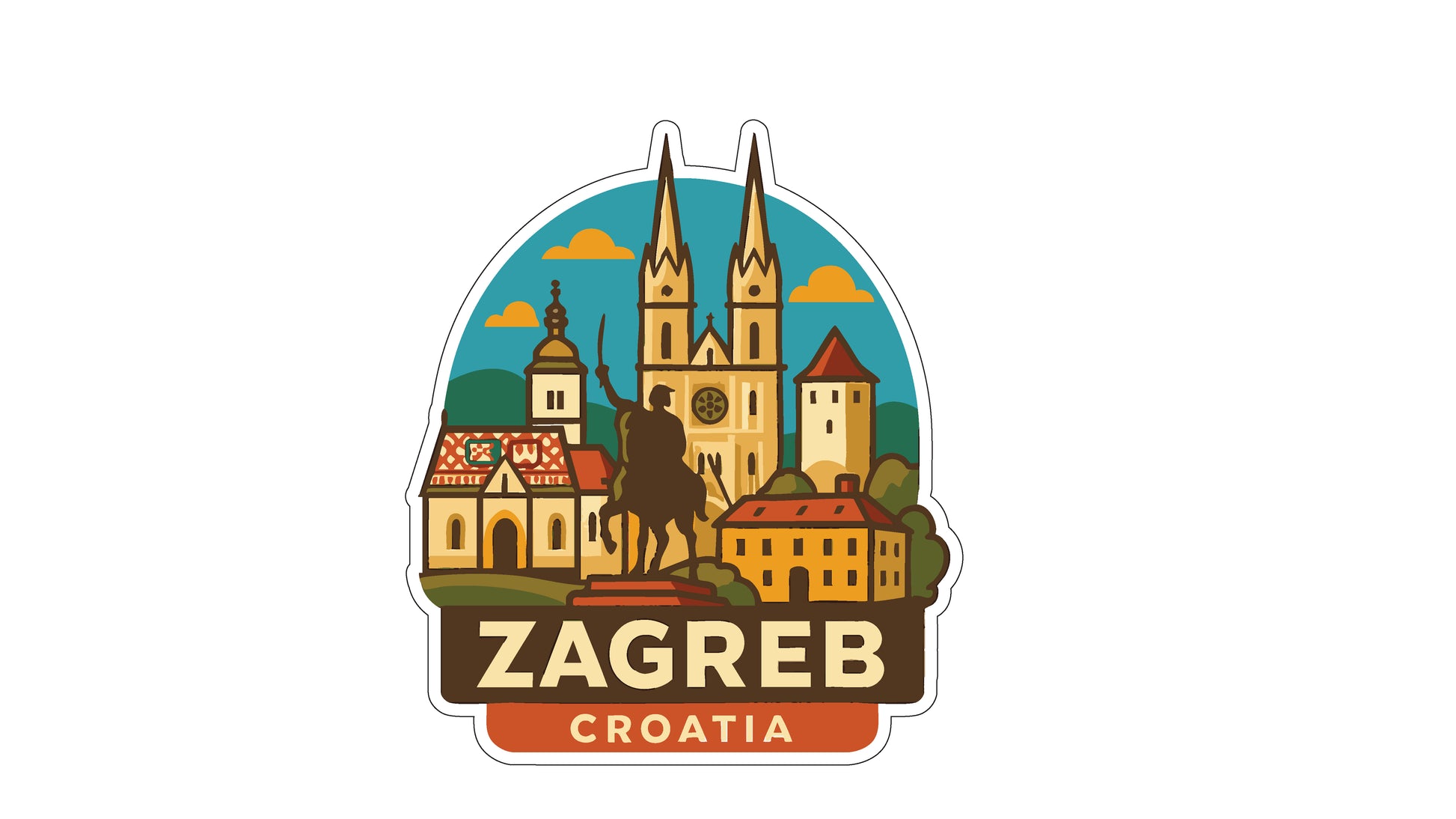 a sticker or emblem with a stylized illustration of a cityscape, including a church, buildings, and a statue, along with the text "Zagreb Croatia".