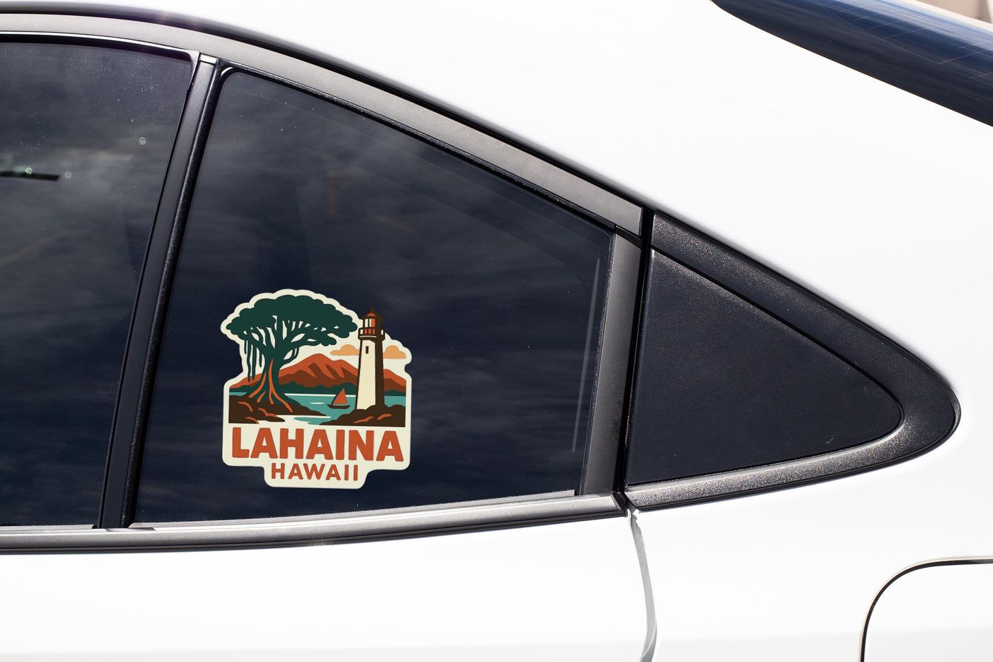 A sticker on the side of a car window that says "LHAINA HAWAII".