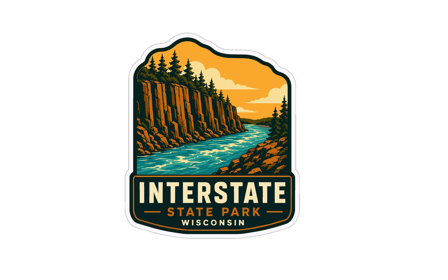 A sticker depicting a scenic landscape with a river, cliffs, and trees, with the text "INTERSTATE STATE PARK WISCONSIN" prominently displayed.