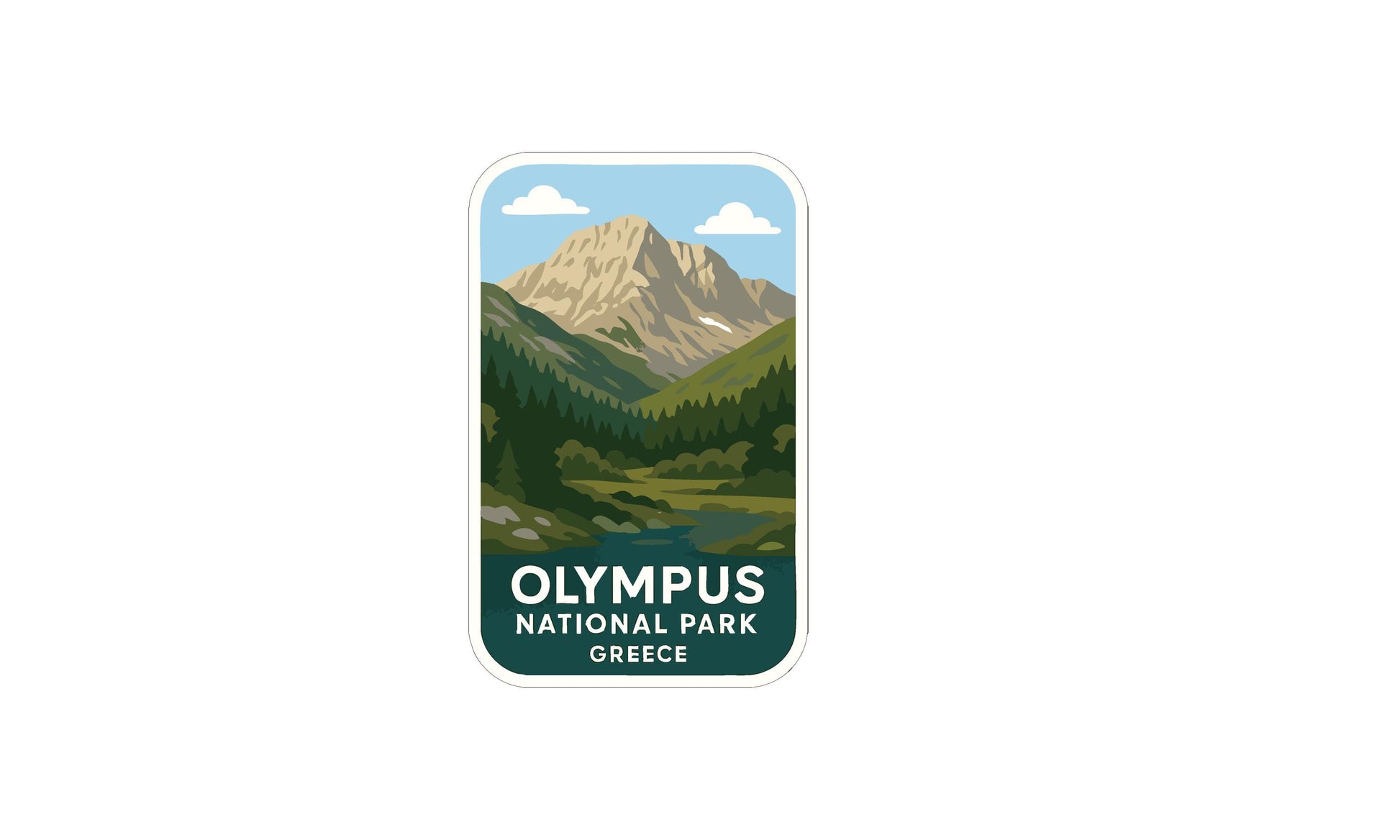 a sticker or emblem with a mountain landscape and the text "OLYMPUS NATIONAL PARK GREECE".