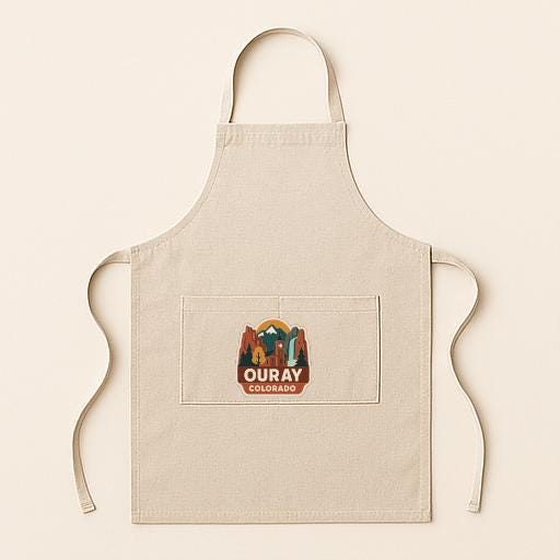 A beige apricot with a graphic of a mountain range and the text "OURAY COLORADO" printed on it.