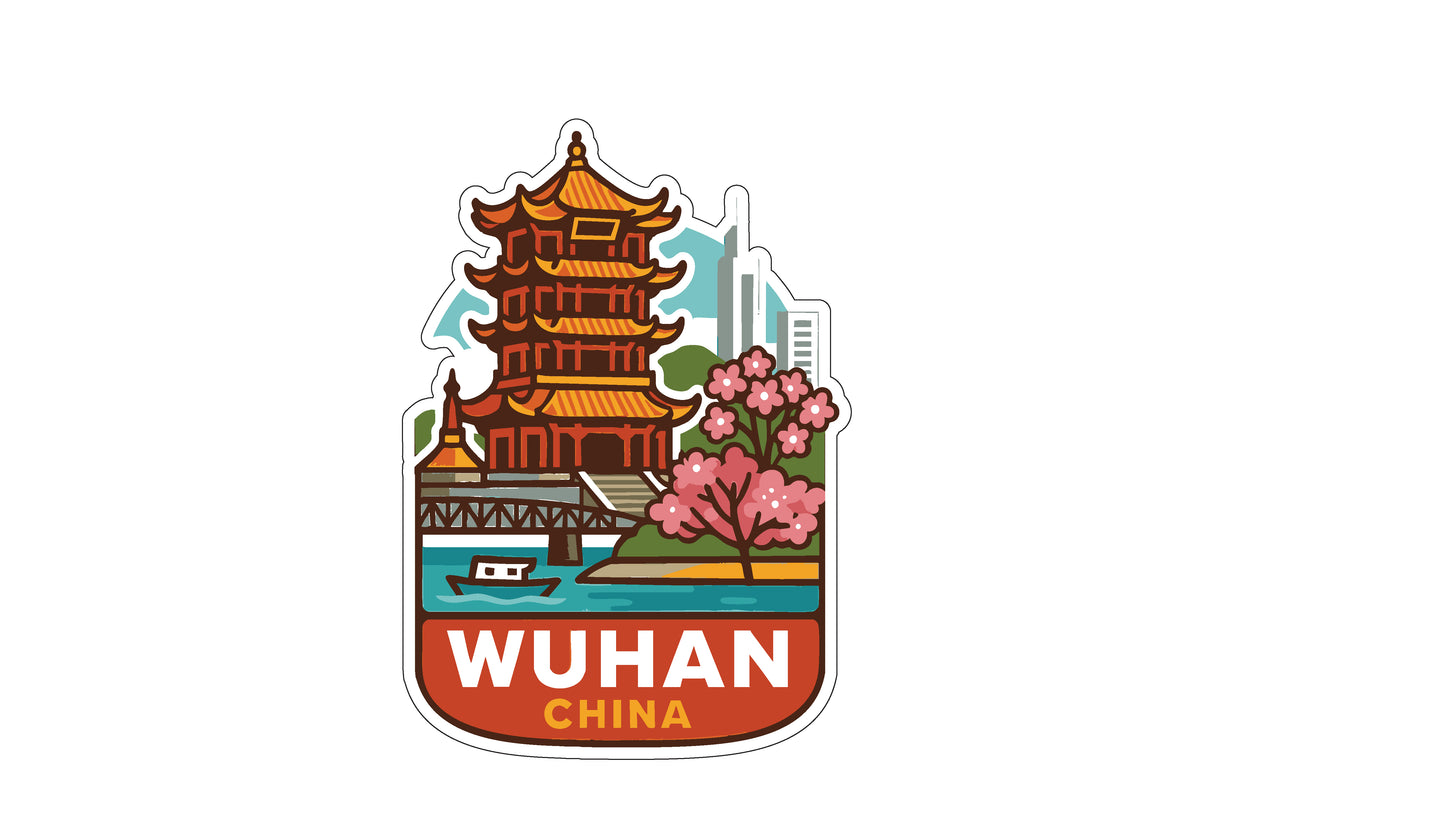 A sticker depicting a traditional Chinese pagoda, a bridge, and a tree with pink flowers, with the text "WUHAN CHINA" prominently displayed.