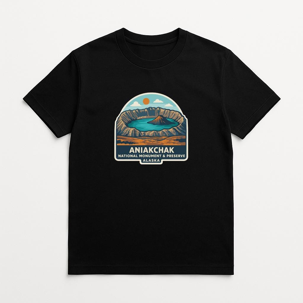 A black t-shirt with a graphic design depicting a mountainous landscape with a lake, surrounded by mountains and a clear blue sky.