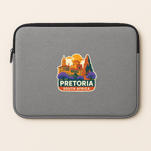a gray laptop sleeve with a colorful graphic of Pretoria, South Africa, on it.