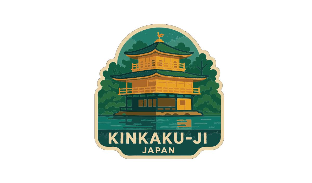 A sticker or label depicting the Kinkaku-ji temple in Japan, featuring a traditional Japanese pagoda-style building surrounded by lush greenery.