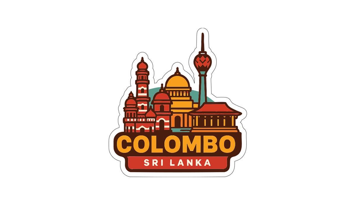 a stylized illustration of the city of Colombo, Sri Lanka, with various architectural elements such as domes, towers, and buildings.