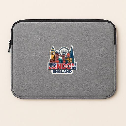 A gray laptop sleeve with a colorful sticker depicting landmarks and symbols of London, England.