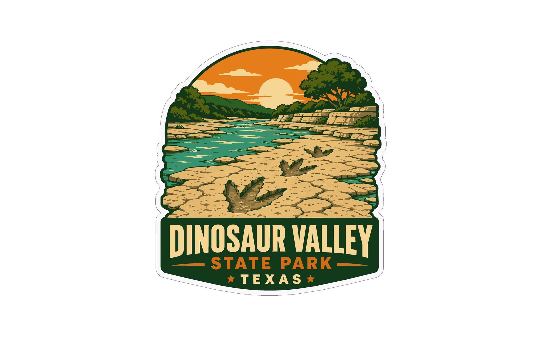 A sticker or emblem featuring a scenic landscape with a river, trees, and a sunset, along with the text "DINOSAUR VALLEY STATE PARK TEXAS" prominently displayed.