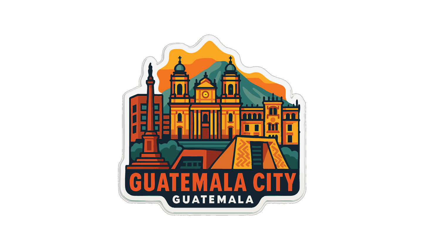 The image is a sticker or emblem featuring the skyline of Guatemala City, with various buildings and landmarks depicted in a stylized manner.