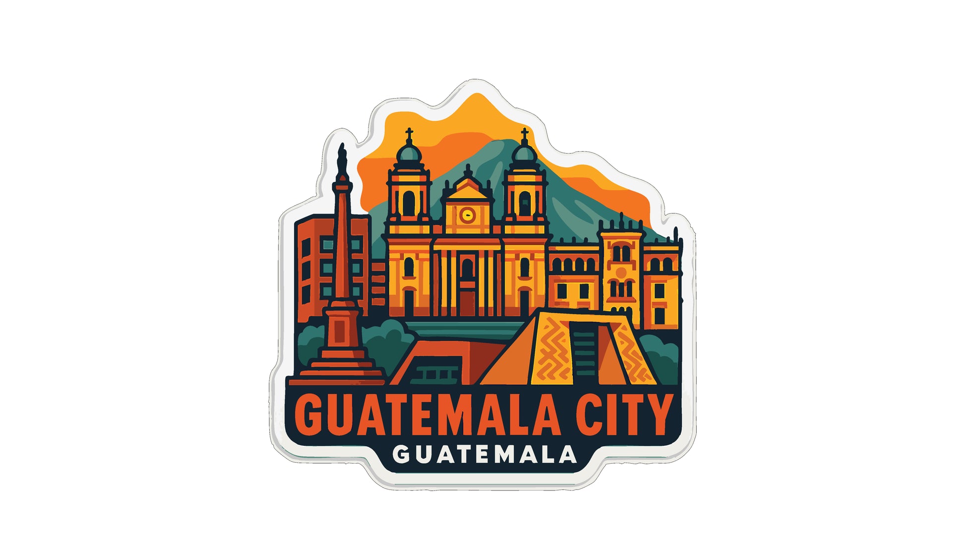 The image is a sticker or emblem featuring the skyline of Guatemala City, with various buildings and landmarks depicted in a stylized manner.