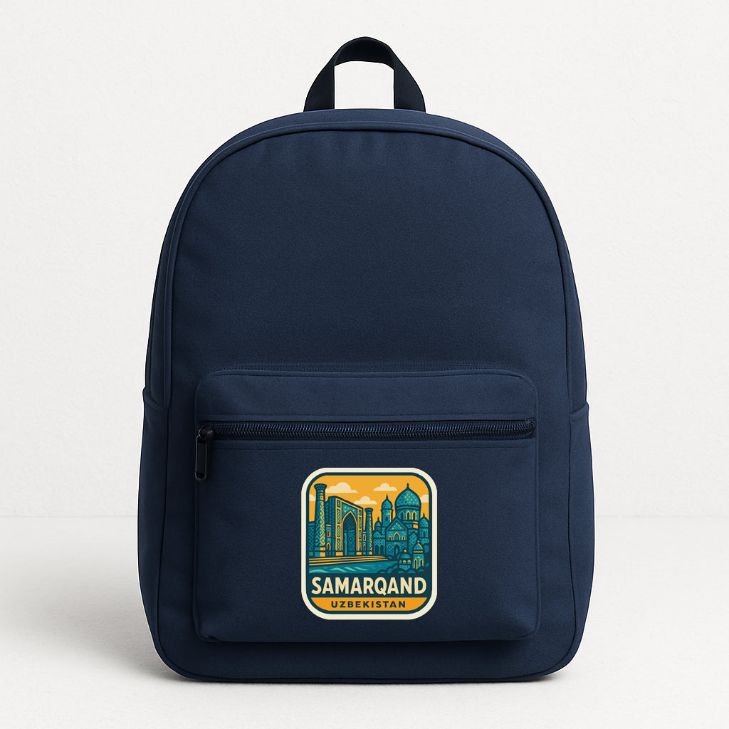 A navy blue backpack with a sticker on the front that says "SAMARQAND UZBEKISTAN".