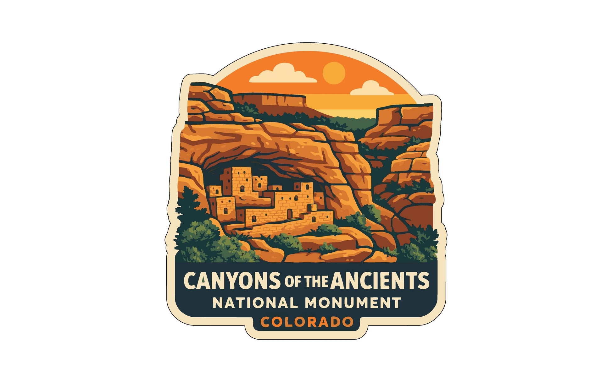 a sticker or label with a stylized illustration of the Canyons of the Ancients National Monument in Colorado.