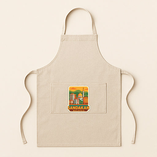 A beige apricot with a graphic of a city skyline on the front pocket.