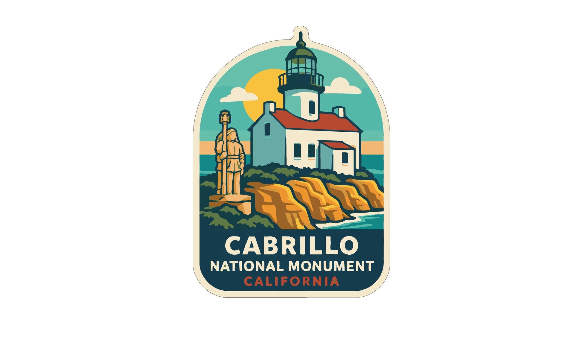 a sticker or emblem with a lighthouse and a statue, representing the Cabrillo National Monument in California.