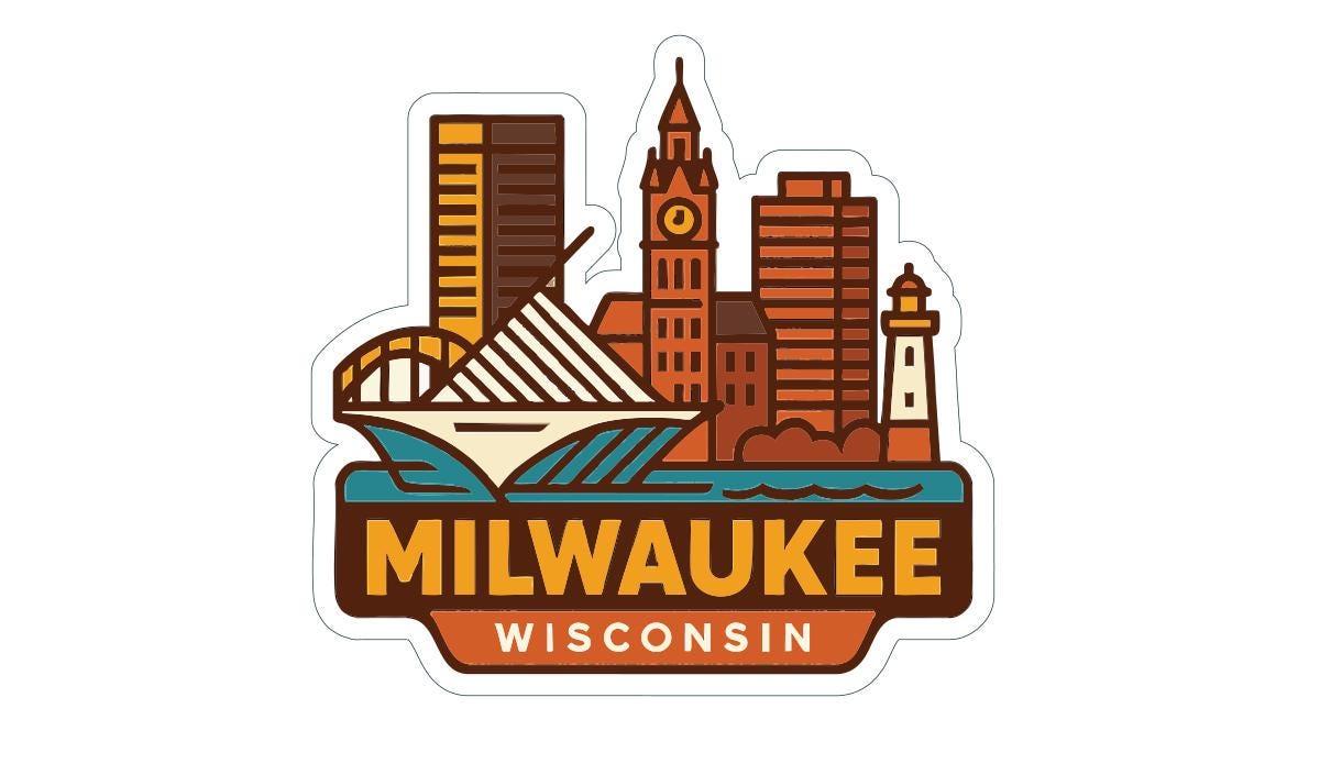 Sticker depicting the skyline of Milwaukee, Wisconsin, with a clock tower, a lighthouse, and a bridge.