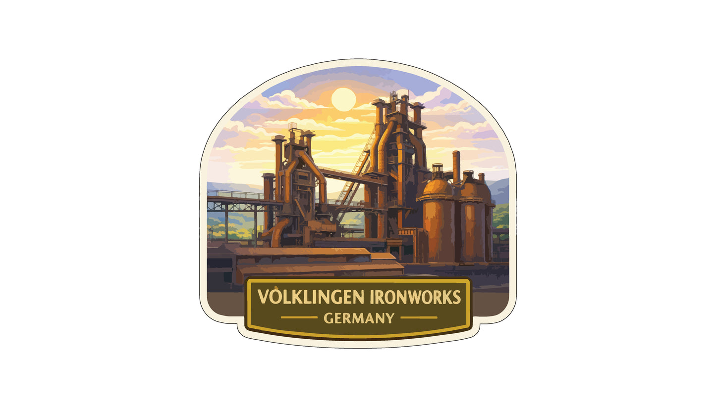 a large industrial complex with multiple smokestacks and a bridge, set against a backdrop of a sunset sky.