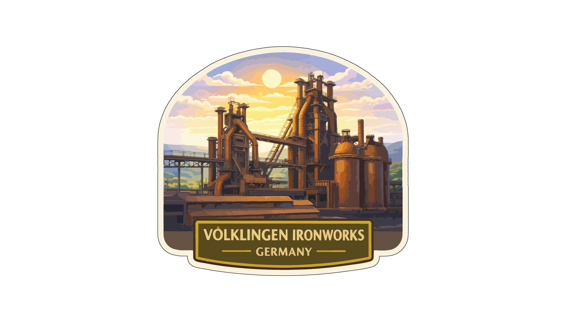 a large industrial complex with multiple smokestacks and a bridge, set against a backdrop of a sunset sky.