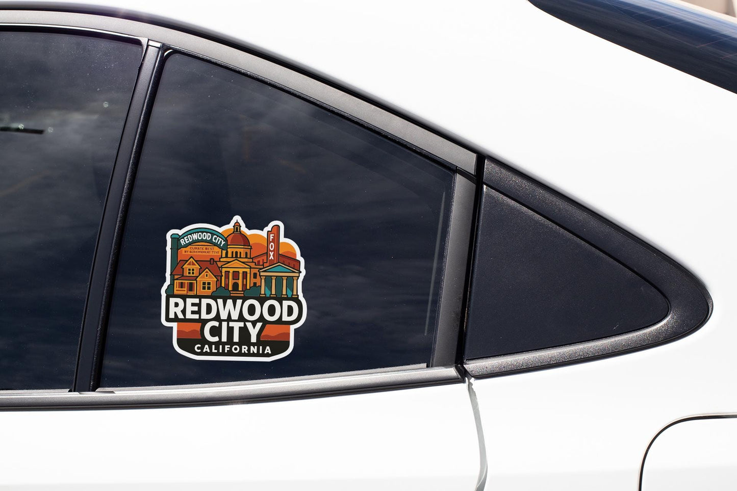 A sticker on the side of a car window that says "REDWOOD CITY CALIFORNIA".