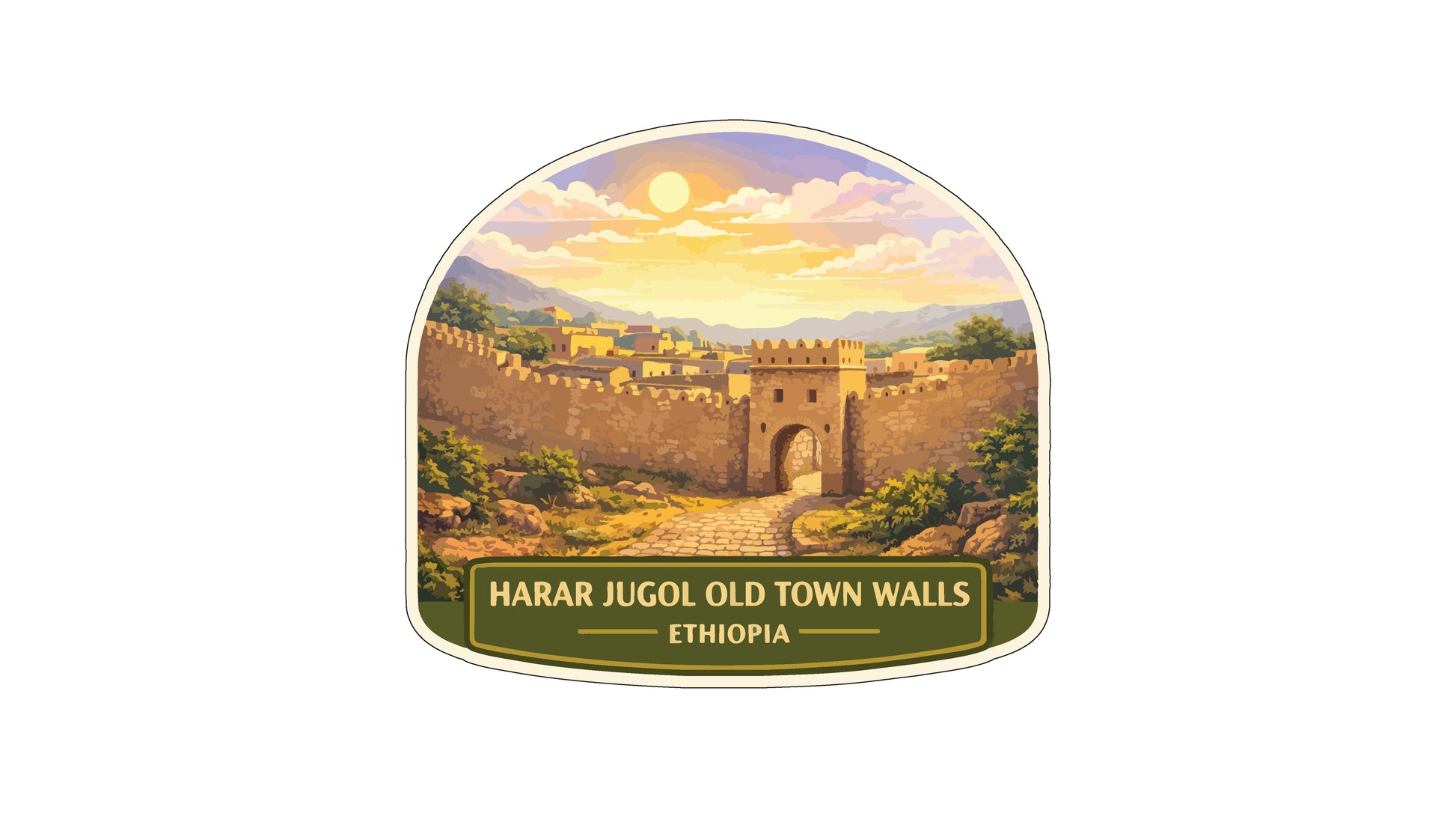 a castle or fortress surrounded by a wall, with a sunrise or sunset in the background.